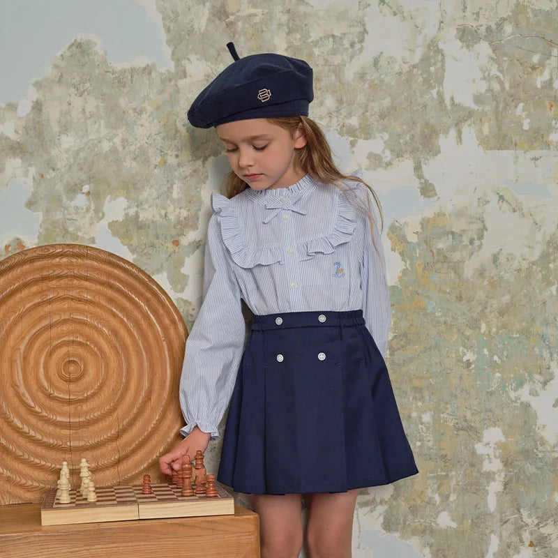 Dave Bella Fall Spring Shirt for Girls Casual Children's Stripe Cotton Blouse Sweet Long Sleeve Button-Down Top DK1251004