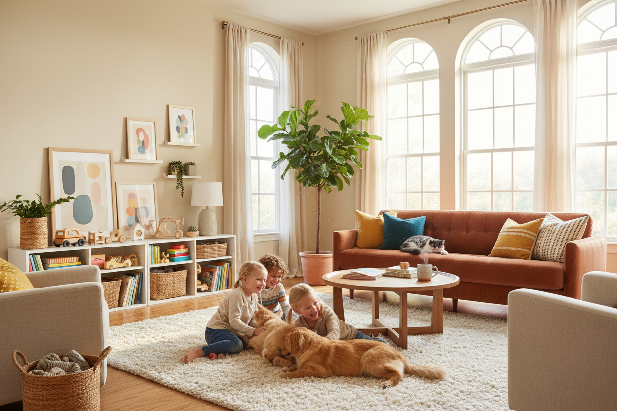 Pets and children playing in a nicely decorated home